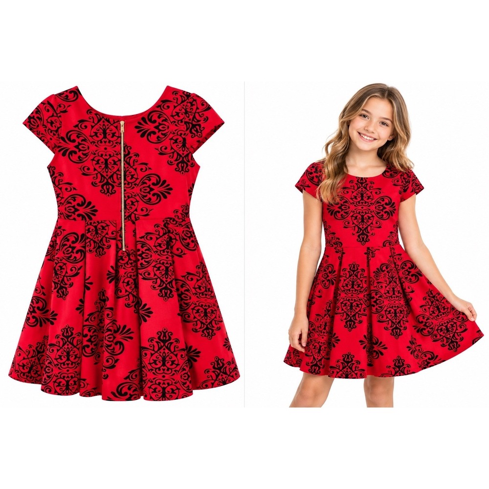 Rare Editions Girls Red Black Damask Flocked Party/Holiday Dress Size 12